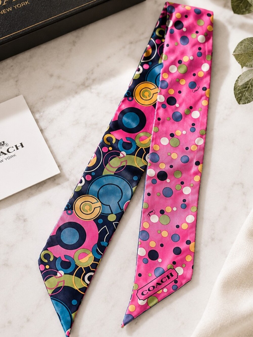 Coach Two-Tone Pink & Navy Polka Dot Silk Twilly